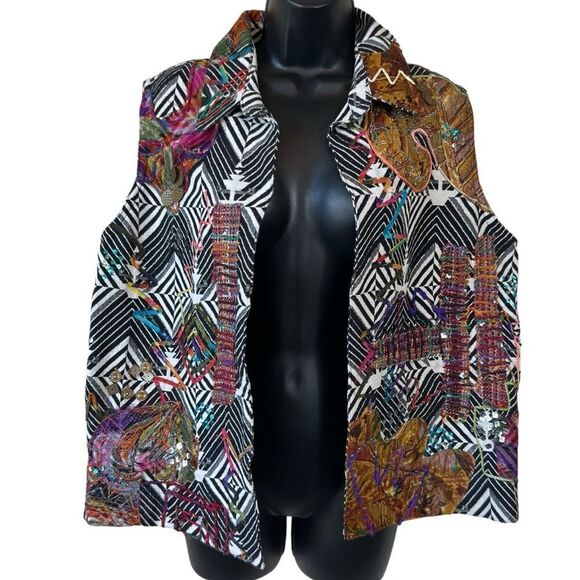 Chicos Embroidered Mixed Media Patchwork Open Front Collared Cotton Silk Vest - Picture 1 of 11